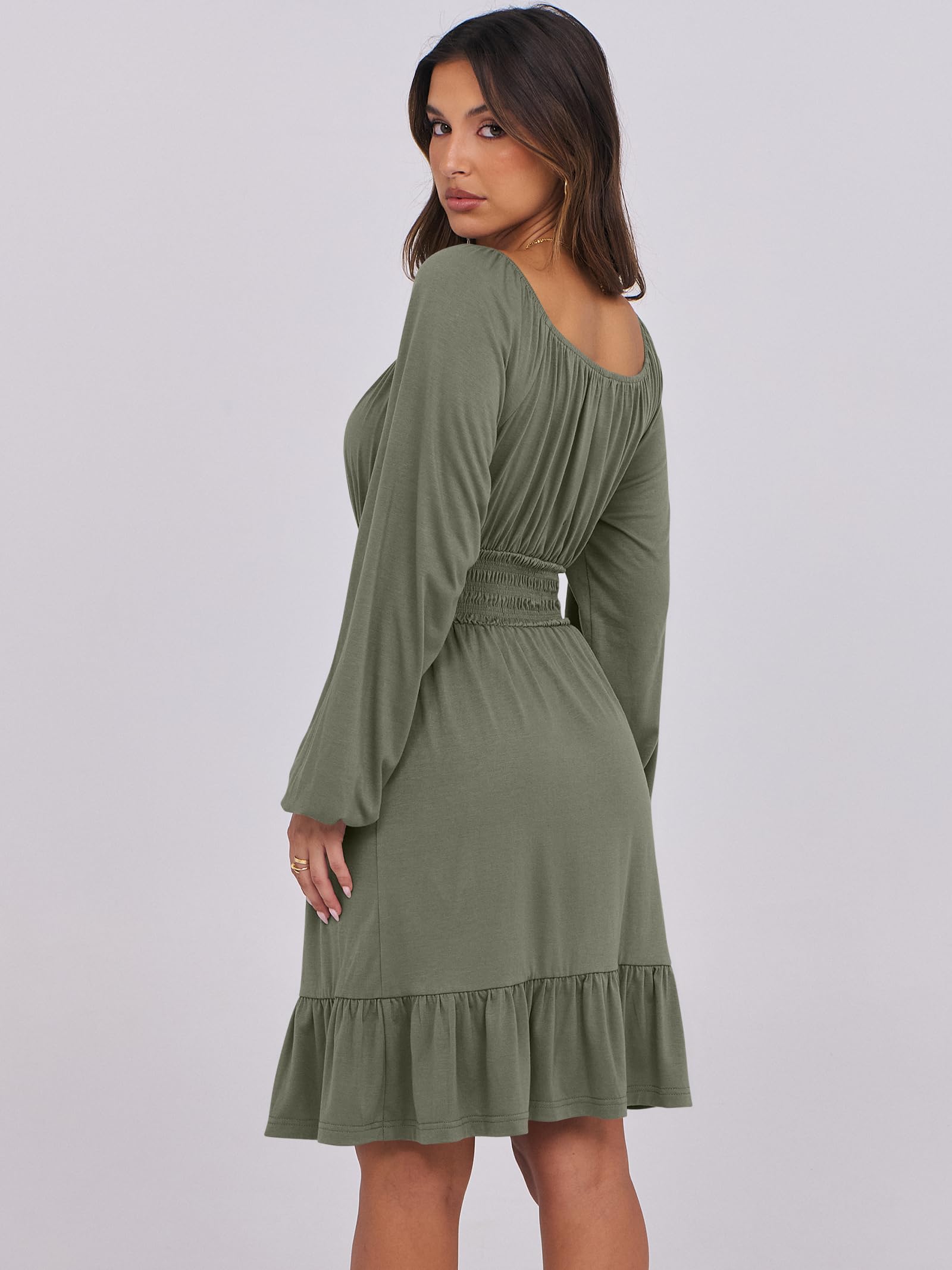 ANRABESS Womens Dress Long Lantern Sleeve Square Neck Elastic Waist Ruffle Flowy Swing A-Line Short Dresses 2025 Fall Fashion Army Green X-Small - Image 5