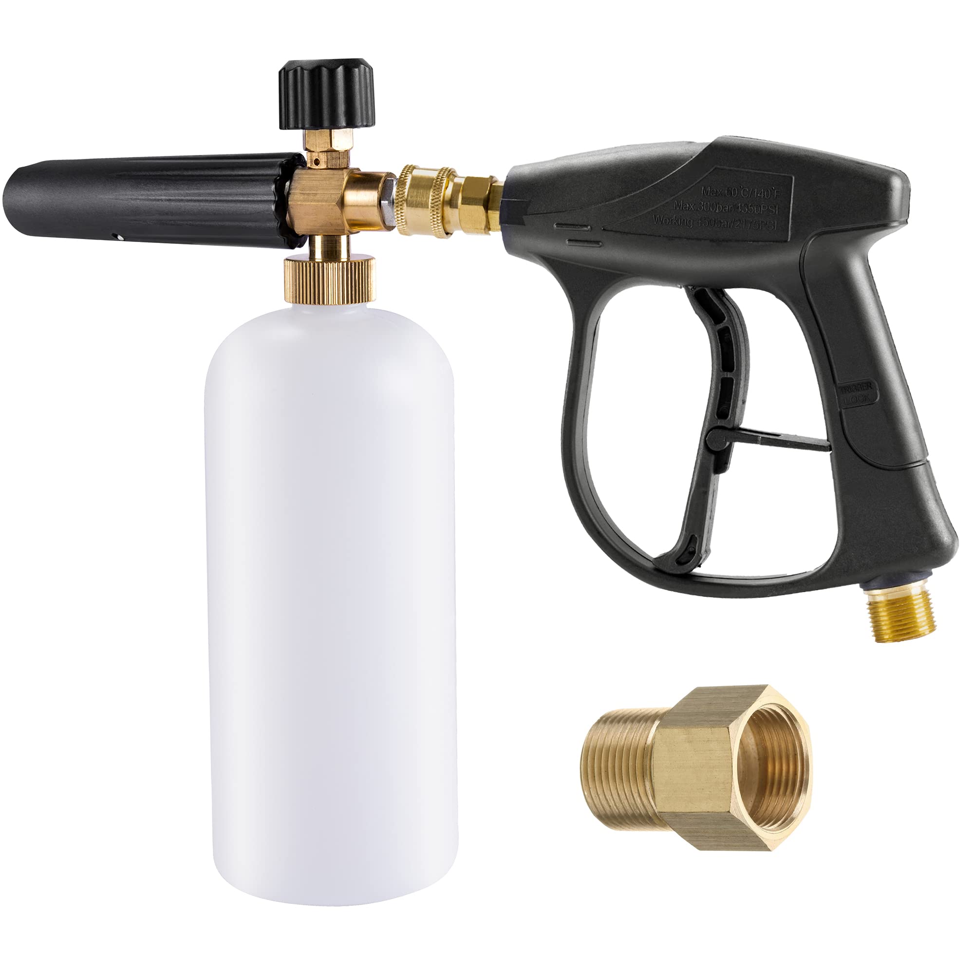 Snow Foam Lance Foam Gun, 1L Adjustable 1/4" Quick Release Foam Cannon Soap Dispenser Nozzle Pressure Washer Gun Jet Wash Gun with M22-14mm Female to M22-15mm Male Connector for Pressure Washer Hose