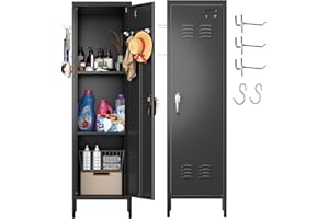 Aobabo Metal Lockers with Handle and 2 Pegboard & 5 Hooks for Home,Gym, School, Office,Garage,Black,15" D x 15" W x 54.45" H,Required Assembly