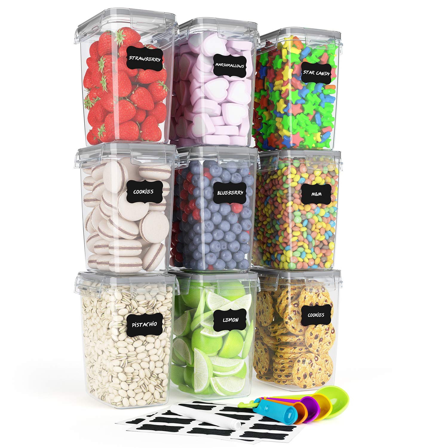 Tiawudi Airtight Food Storage Containers 9 Pieces 1.5qt / 1.6L- Kitchen Pantry Organization Containers, Plastic Canister for Flour, Sugar and Baking Supplies, With Labels and Measuring Spoons