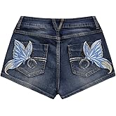 WDIRARA Women's Cross Embroidery Rhinestone Denim Shorts Y2k Grunge Punk Jean Shorts