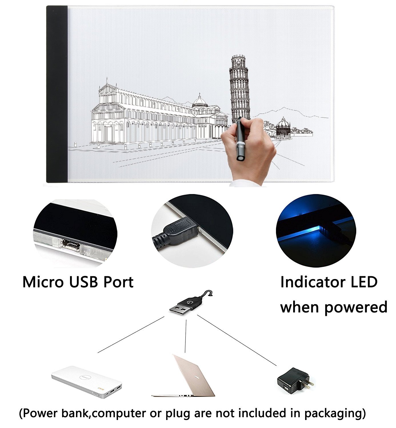 Planche à Dessin LED Portable Avec Support - Dimensions 13 X 13 Cm - Alimentation USB - Luminosité Réglable Tactile - Inclut Carnets De Croquis Et Vis