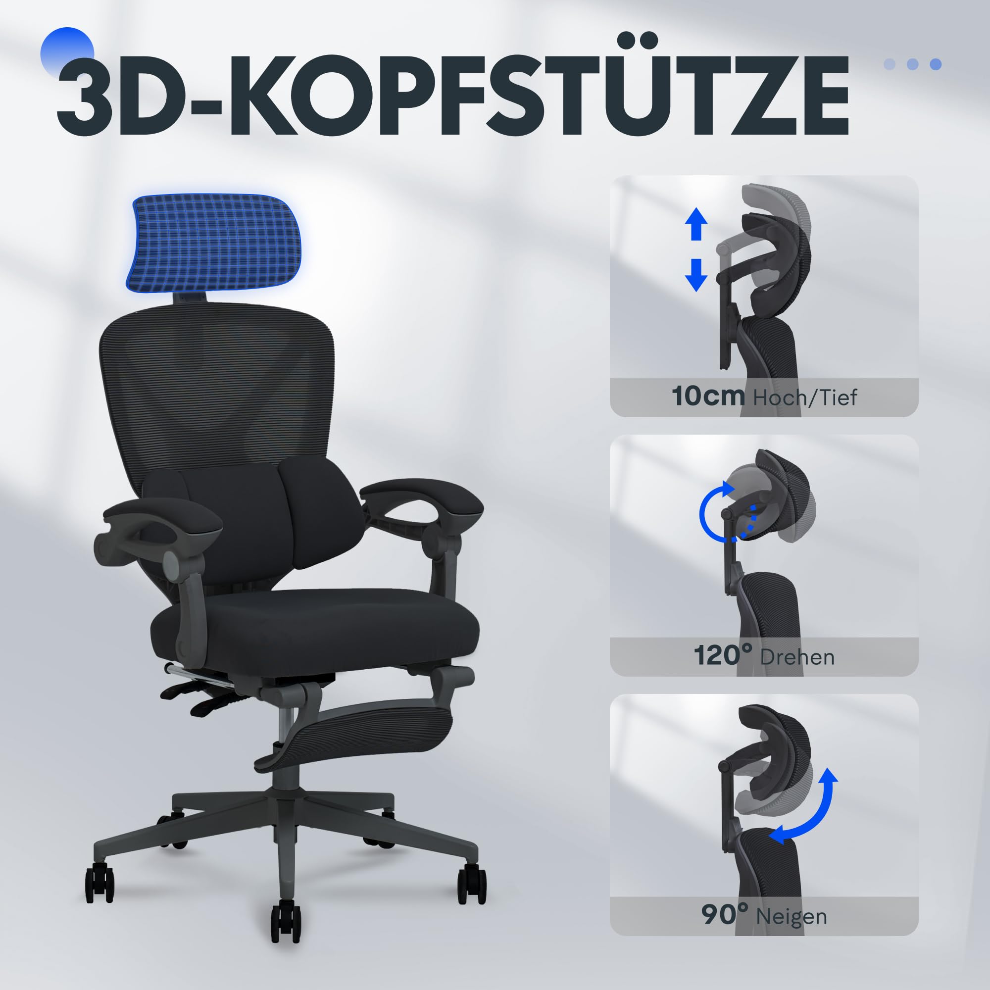 FLEXISPOT Ergonomischer Bürostuhl mit Fußstütze, X-förmiger Schreibtischstuhl mit 135°-Neigung, Gekoppelte Armlehnen mit zonenweise Einstellbarer Lendenstütze, Drehstuhl, 3D-Kopfstütze, Schwarz 6
