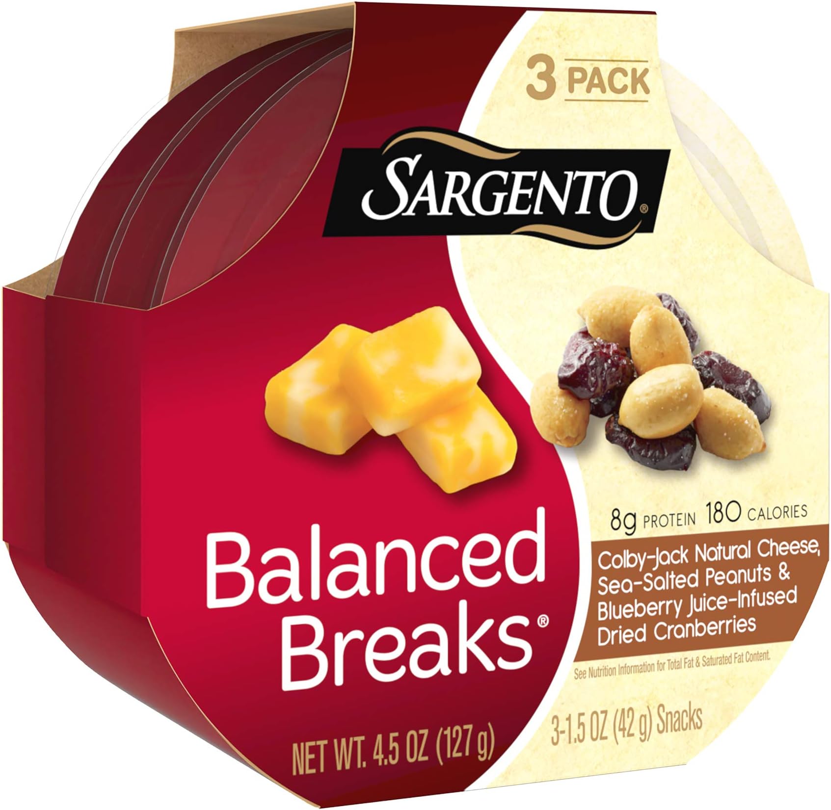 Sargento Balanced Breaks Colby-Jack Natural Cheese with Sea-Salted Peanuts and Blueberry Juice-Infused Dried Cranberries, 1.5 oz, 3-Pack