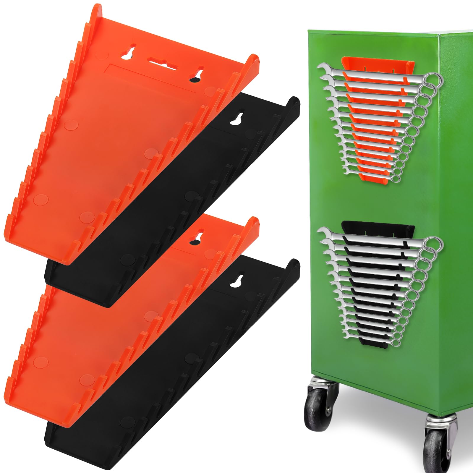 Okllen 4 Pieces Magnetic Wrench Organizer Tray, Wrench Rack Heavy Duty Wrench Holder Set with 12 Slots, Removable Wrench Rack Tool Trays SAE (1/4" - 1/16") and Metric (6mm-24mm) for Tool Box Drawer