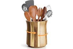Ceecysaa Acacia Wood 360° Rotating Utensil Holder - Non-Slip 7.4" Large Capacity Crock for Kitchen Counter, Holds 15-20 Cooki