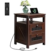 WLIVE Nightstand with Charging Station, Farmhouse End Table, Bed Side Table with 2 Storage Drawers and Open Shelf, Wood Rustic Nightstands for Bedroom, Espresso