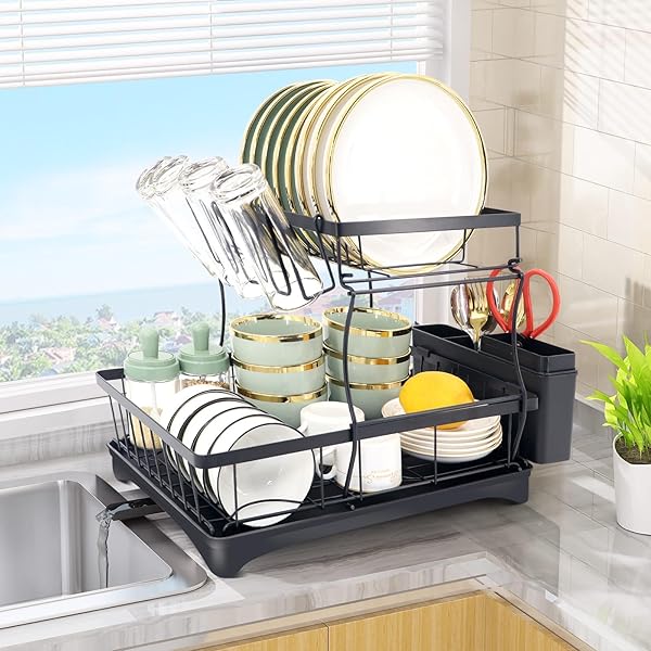2-TIER DETACHABLE COUNTERTOP DISH DRYING RACK, PREMIUM CARBON STEEL, RUST RESISTANT LARGE CAPACITY DISH DRAINER WITH CUTLERY AND CUP HOLDER, BLACK