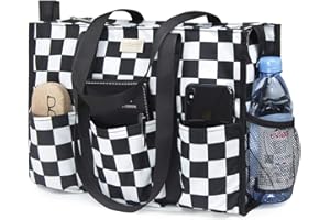 TOPDesign Utility Water Resistant Tote Bag with 13 Exterior & Interior Pockets, Top Zipper Closure & Thick Bottom Support