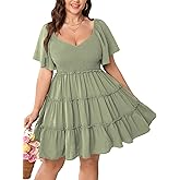 SHESTARR Womens Plus Size Casual Mini Dress Sweetheart Neckline Short Flutter Sleeve Smocked A Line Tiered Ruffle Dresses