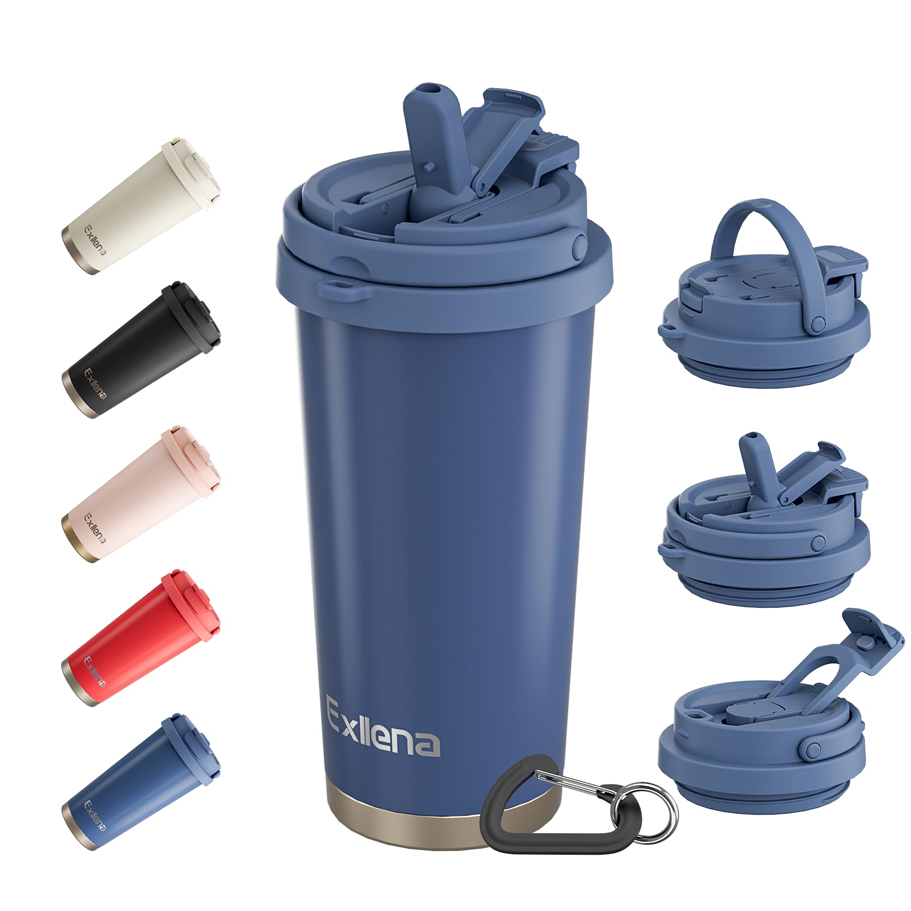 Exllena Travel Mug - Insulated Coffee Cup 500ml with 3-in-1 Lid - 100% Leakproof Coffee Mug with Handle and Clip Perfect for Travel, Office, and Outdoor Activities...(Blue)