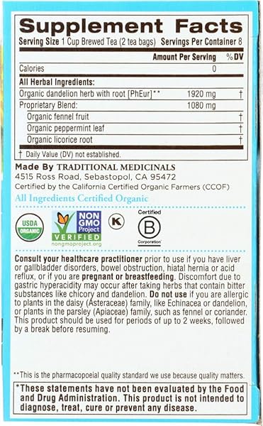 TRADITIONAL MEDICINALS ORGANIC EVERYDAY DETOX DANDELION HERBAL TEA, SUPPORTS LIVER & KIDNEY FUNCTION, (PACK OF 2) – 32 TEA BAGS TOTAL