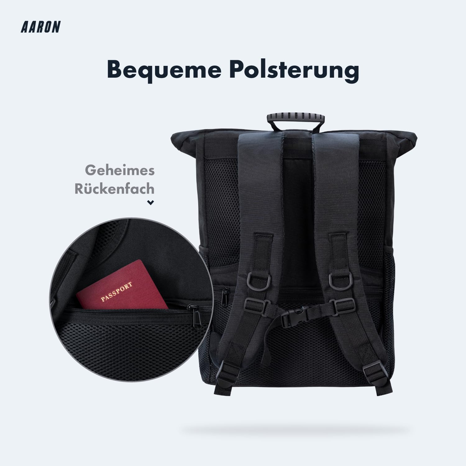 AARON Rolltop Rucksack Damen und Herren, mit Laptopfach, inkl. AirTag Halter, Daypacks, Rollrucksack aus recycletem PET für UNI, Reisen, Alltag, Rolltop Backpack in schwarz und Blumen 6