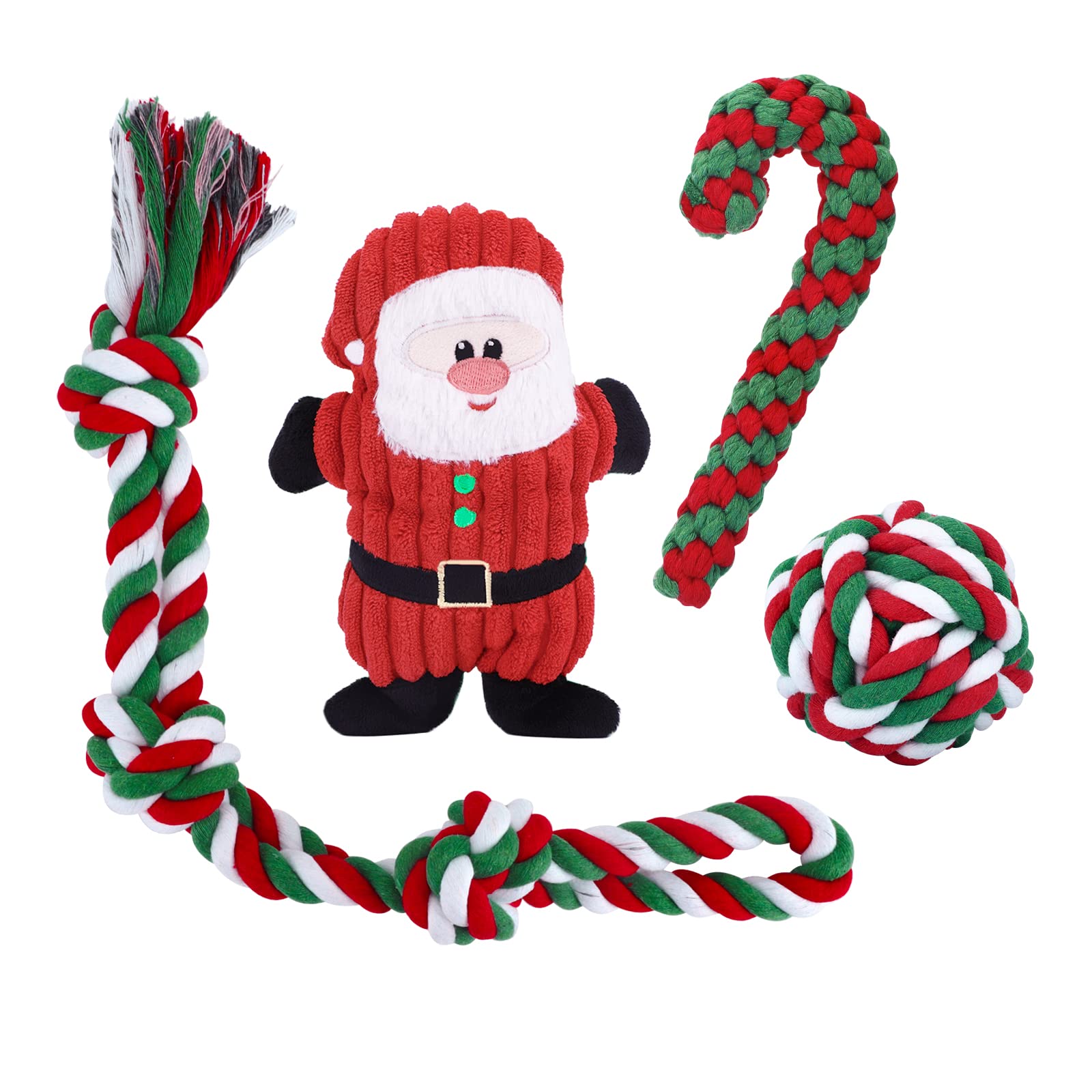 JYPS Christmas Dog Presents Toys, 4pcs Puppy Teething Rope Toys Set for Boredom, Santa Claus Plush Chew Toy from 4-8-12 Weeks Small Medium Large Dog, Interactive Xmas Gifts