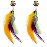 Mardi Gras Earrings, Colorful Mask Feather Dangle Earrings for Women Girls Jewelry, Carnival Drop Earrings Holiday Party Accessories