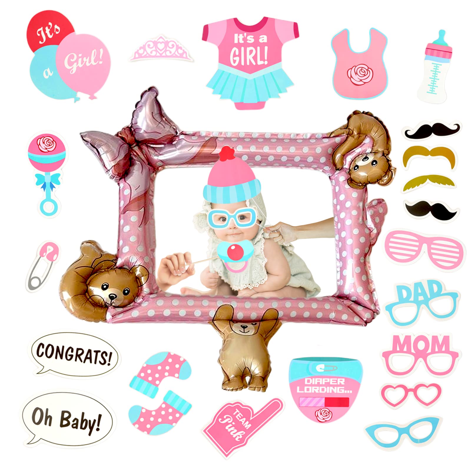 Baby Shower Photo Booth Props,Girl Gender Reveal Photo Booth Frame,Inflatable Foil Frame with 30Pcs Boy Baby Shower Photo&Props for Baby·Shower Gender Reveal New Born Party Supplies
