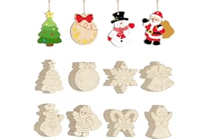 SOPHENA 80PCS Wooden Christmas Ornaments to Paint, 8 Styles DIY Blank Unfinished Wood Reindeer Santa Claus Christmas Tree Ball Snowman Snowflake Angel Cutouts Ornament for Crafts Winter Hanging Decorations