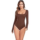 fintaps Long Sleeve Bodysuit for Women Square Neck Body Suit Top Women Slim Fitted Lightweigh Basic Sexy Top