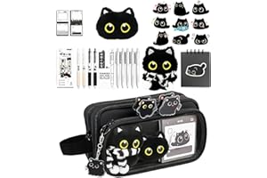 Large Capacity Cat Pencil Case, Cute Black Cat Pencil Case Stationery Set with Notes Stickers Pen, Pencils Pouch School Suppl