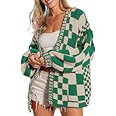SELINK Women's Cardigan Sweater Vintage Open Front Mixed Checkered Pattern Chunky Knit Plaid Long Sleeve Daily Outwear