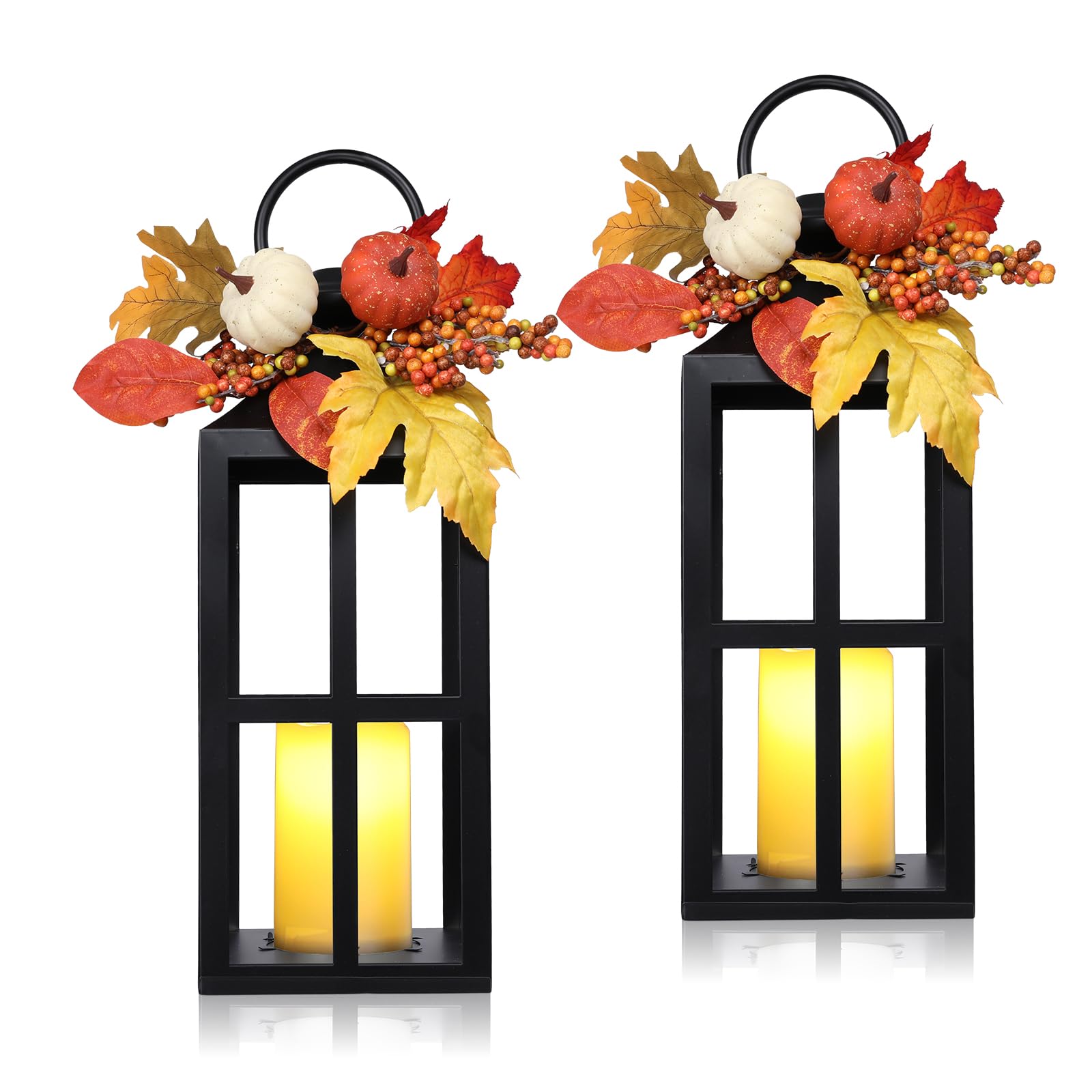 Photo 1 of Fall Lanterns Decorative Indoor Outdoor, 2 Pack Hanging Harvest Lantern with LED Candle, 18 Inch Autumn Flameless Lights with Pumpkin and Maple Leaf for Thanksgiving Table Centerpiece Home Decor