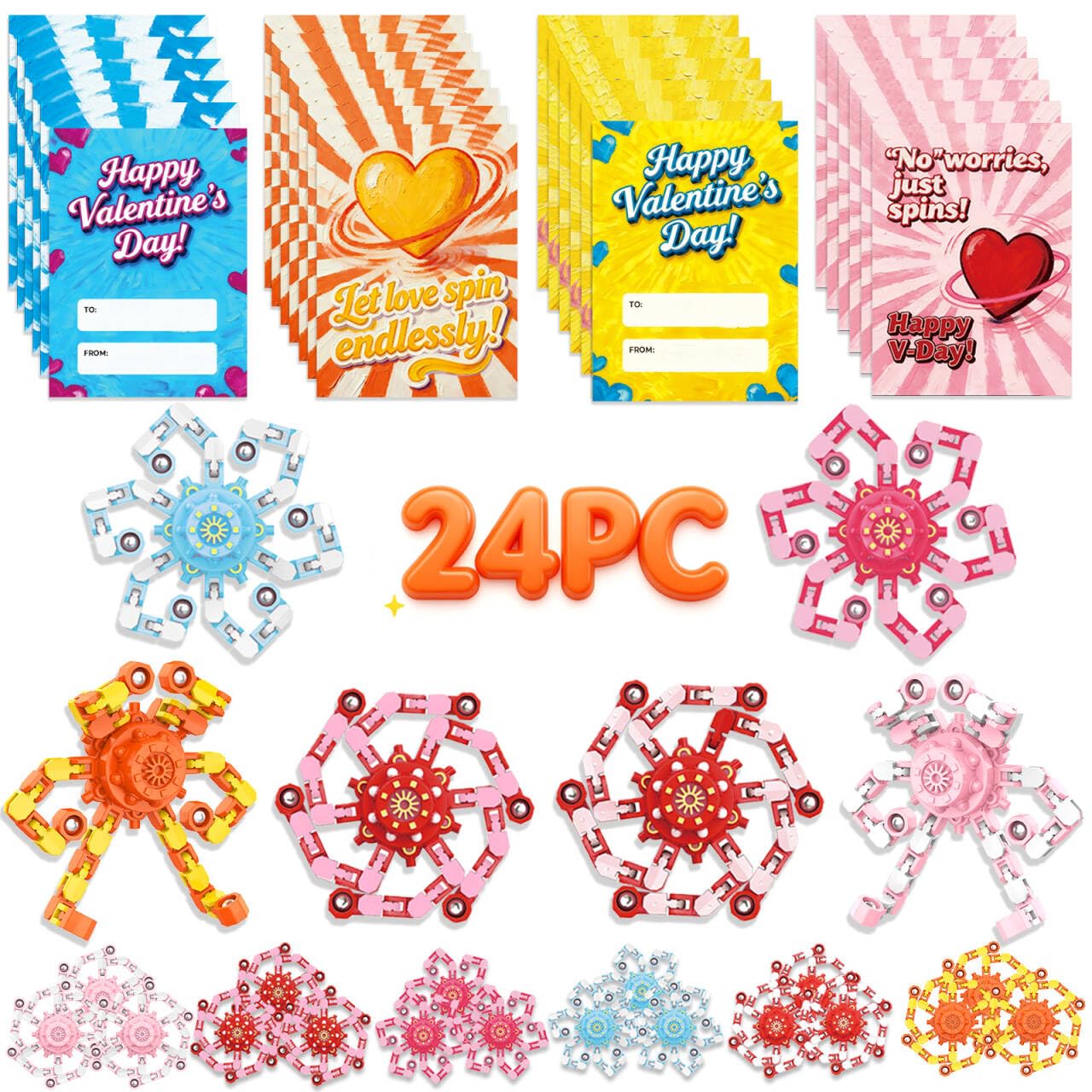 24PC Valentines Cards for Kids with 24PC Fidget Spinner,Funny Sensory Fidget Toys Deformable Chain DIY Robot Spinner,Fingertip Stress Relief Gyro Toy Sensory Toy Valentines for Class Party Favors Image