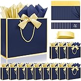 Ethhqu 12 Pack Gift Bags with Handles Include Tissue Papers & Cards, Medium Size 12.6×10×4'' Thank You Gift Bags Medium Size for Birthday, Business Gatherings, Wedding, Groomsmen (Navy Blue and Gold)