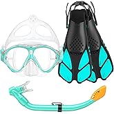 Seovediary Kids Snorkel Set, Mask Fins Snorkeling Gear for Kids Anti-Fog Swim Goggles 180 Panoramic View Dry Top Snorkel and Dive Flippers Combo with Travel Bag for Snorkeling Training Swimming Diving