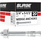 3/4" x 5-1/2" Zinc-Plated Wedge Anchors for Concrete &amp; Cement (Box of 20) | Heavy-Duty 3/4 Concrete Anchors | Zinc-Plated Carbon Steel Anchor with Expansion Clip, Nut and Washer
