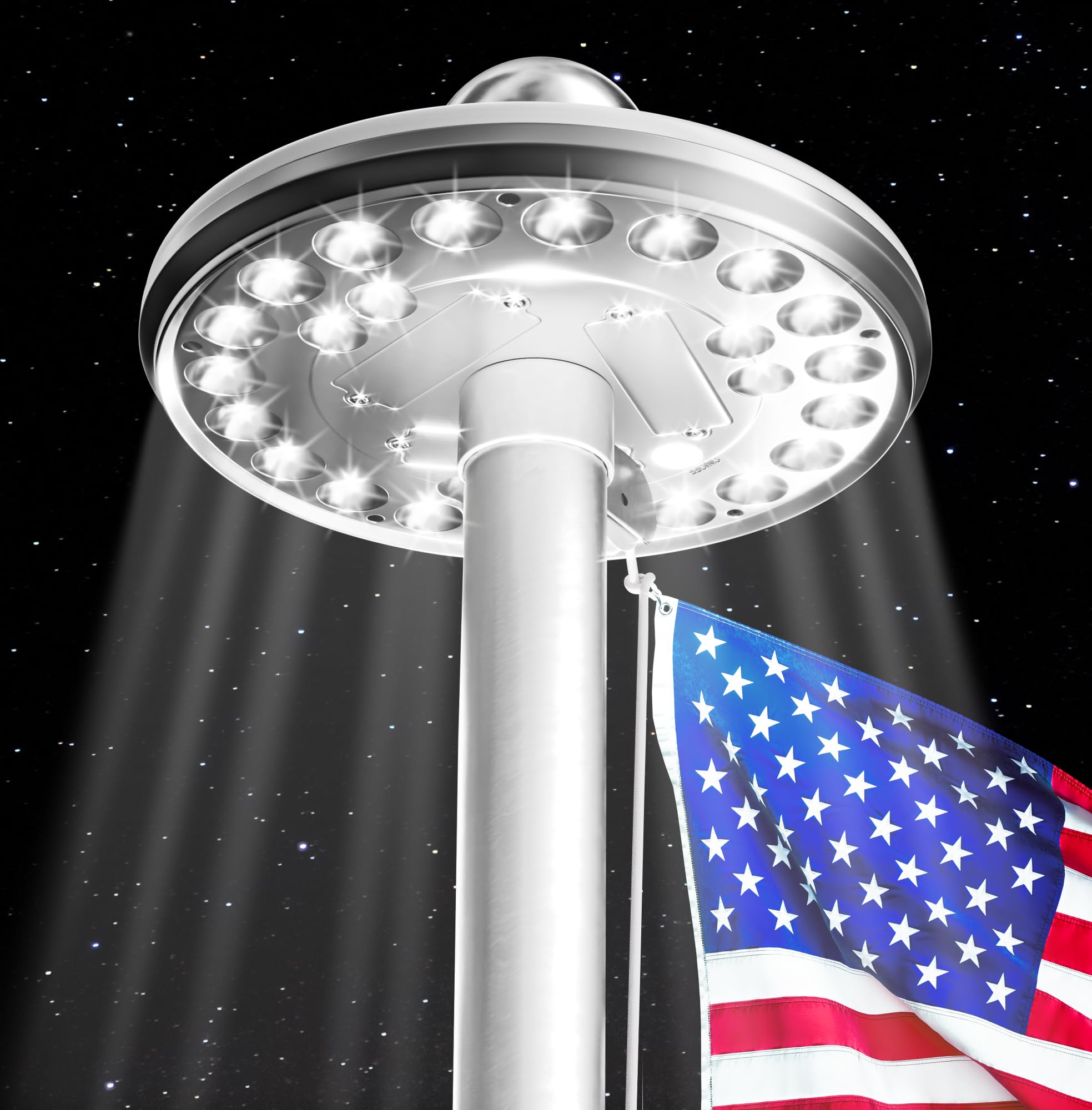Photo 1 of Deluxe Flag Pole Light Solar Powered - 1300 Lumen for Flagpole - Light Up American Flag Outdoor from Dusk to Dawn for 12+ Hours - 100% Coverage Silver Flag Light