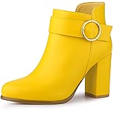 Allegra K Women's Round Toe Circle Buckle Chunky Heels Ankle Boots
