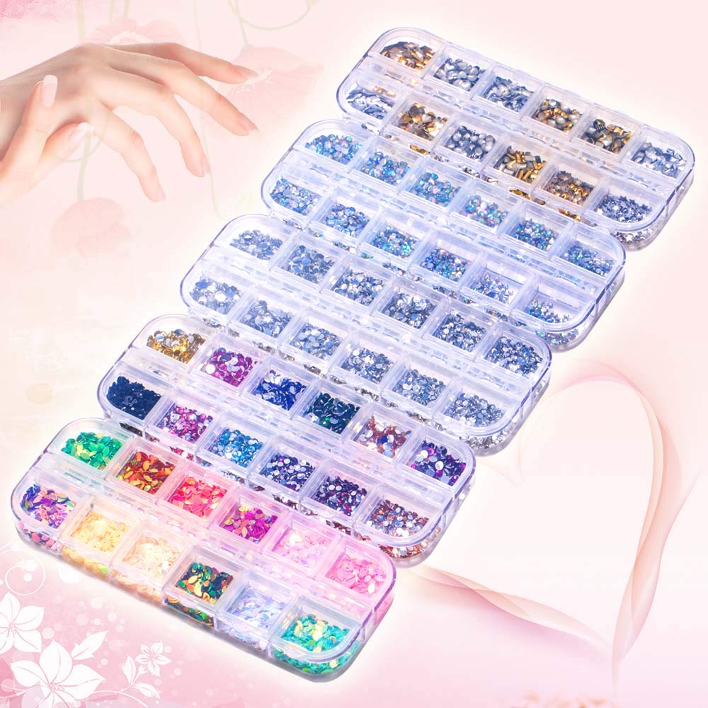 6400pcs Nail Art Rhinestones Nail Crystal Gems Nail Diamonds, Gold Silver Nail Art Studs Colorful Nail Sequins & Rhinestones for Nails Kit with Tweezers and Wax Pen for Nail Art Supplies Accessories: Beauty