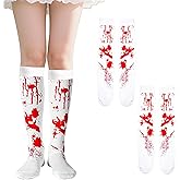 Wobity 2 Pairs Halloween Bloody Socks White Red Blood Stained Costume Hosiery Long Stocking for Halloween Cosplay Costume Accessiors