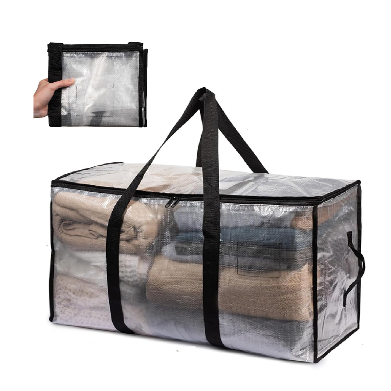 Photo 1 of 1 Pack Large Clothes Storage Bags, Waterproof Oversized Moving Bag with Reinforced Handles and Lid, Clothes Bedding Storage, Heavy Duty Packing Totes Supplies for Dorm Room Apartment, Transparent