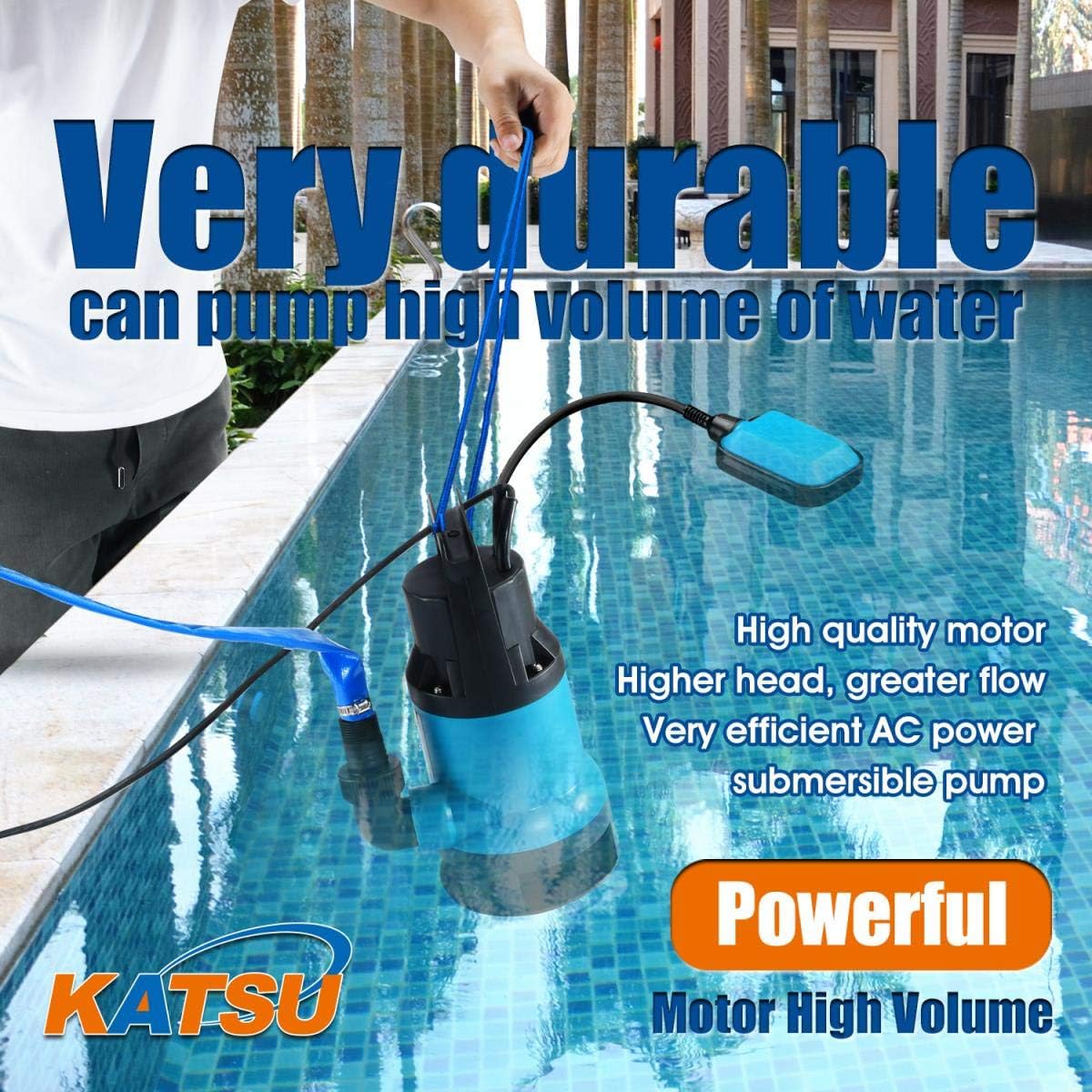 KATSU 750W Portable Submersible Pump for Clean and Dirty Water for Garden Pond Pools, Ditches + Float Switch - Image 3