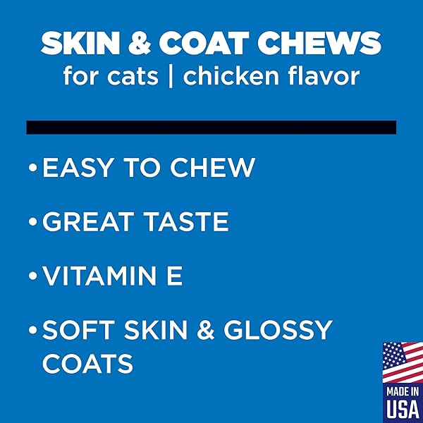 GNC PETS ULTRA SKIN & COAT SOFT CHEWS, CHICKEN FLAVOR CAT VITAMINS, ANTI SHEDDING SUPPLEMENT FOR CATS WITH DRY SKIN, TREATMENT AND DANDRUFF RELIEF, 60 COUNT