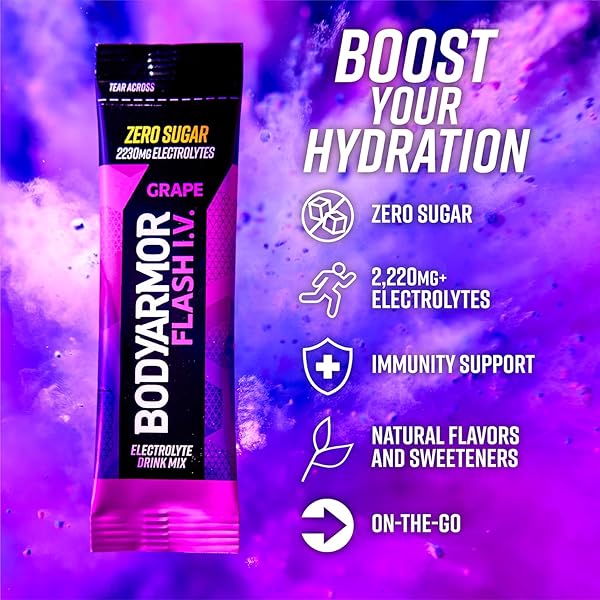 BODYARMOR FLASH IV ELECTROLYTE PACKETS, GRAPE – ZERO SUGAR DRINK MIX, SINGLE SERVE PACKS, COCONUT WATER POWDER, HYDRATION FOR WORKOUT, TRAVEL ESSENTIALS, JUST ADD STICKS TO LIQUID (15 COUNT)