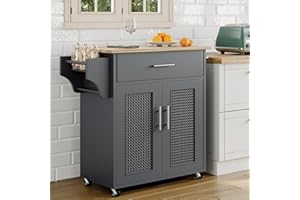 Tornama Kitchen Island with Storage, Rolling Kitchen Island on Wheels with Solid Wood Countertop, Kitchen Island Cart with Rattan Storage Cabinet, Spice Rack, Towel Rack and Drawers, Grey