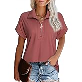 Vivilli Women's Short Sleeve Tops and Blouses Zipper Collar V Neck Business Casual Tops Loose Fit Tunic Shirt Polo Shirts