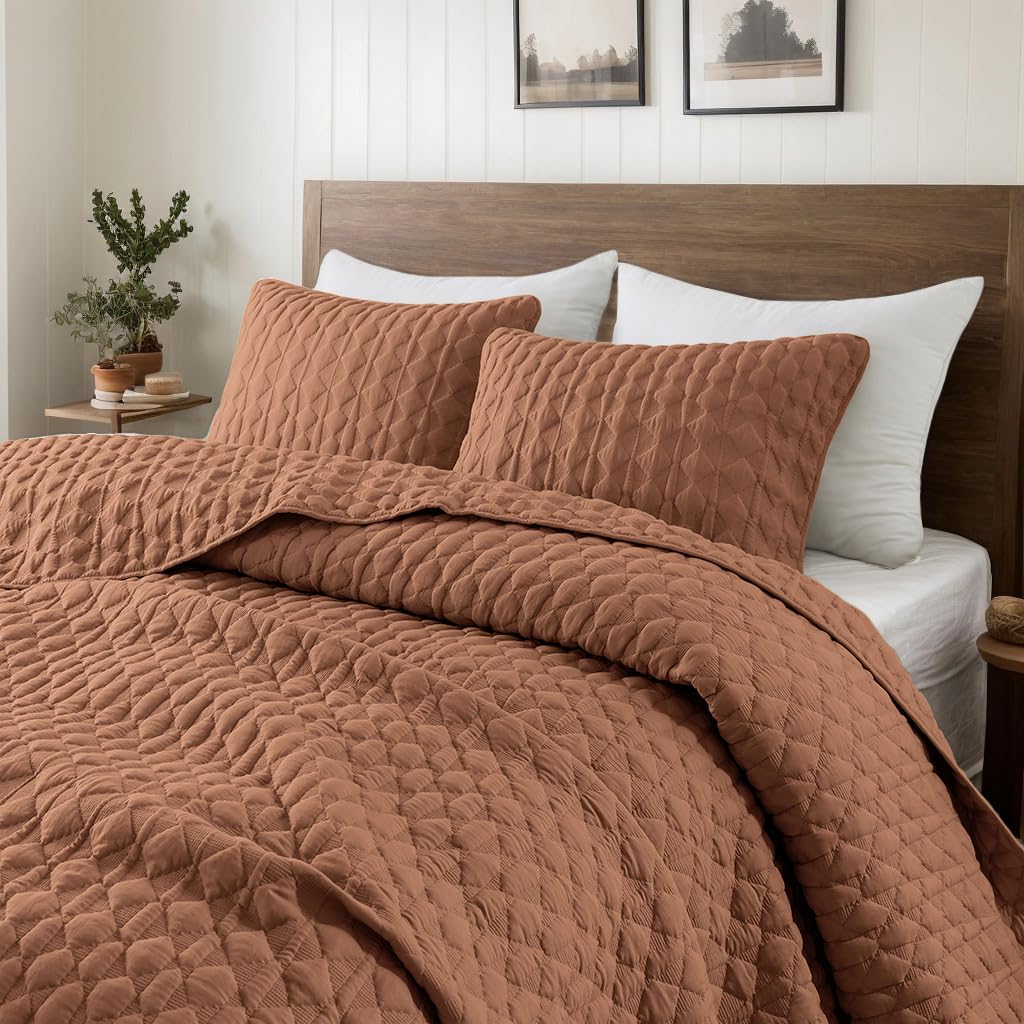 Photo 1 of WDCOZY Burnt Orange Quilts Queen Size Bedding Sets with 2 Pillow Shams, Red Lightweight Soft Bedspread Coverlet, Quilted Blanket Thin Comforter Bed Cover for All Season, 3 Pieces, 90x90 inches