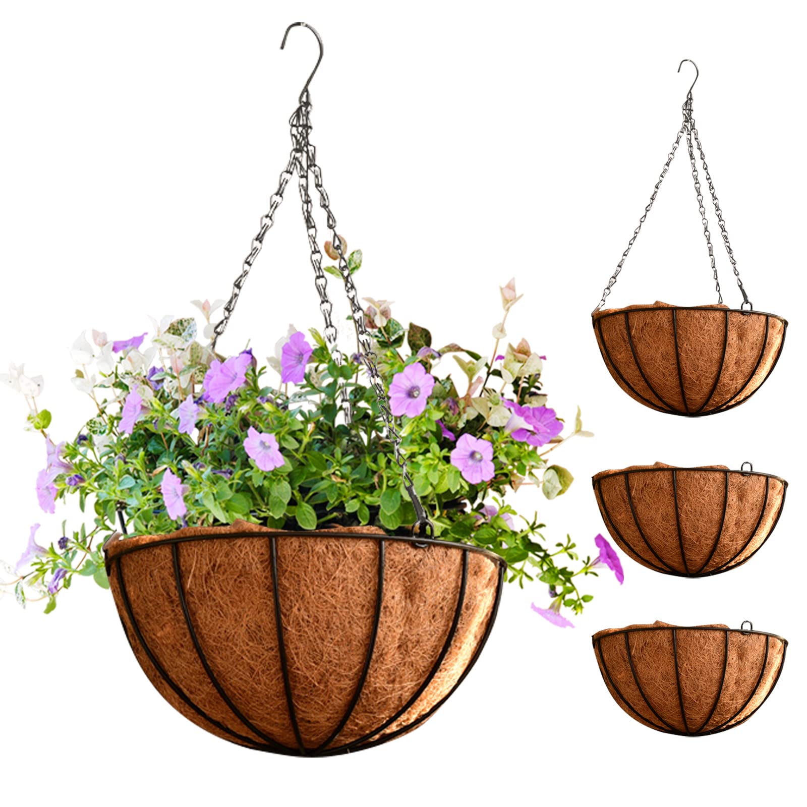 WAIZHIUA 4Pcs 20cm Garden Hanging Basket & Coco Liner, Round Hanging Basket Pots Ideal for Trailing Plants and Flowers Growth, for Indoor Outdoor Garden Porch Balcony Patio Decoration