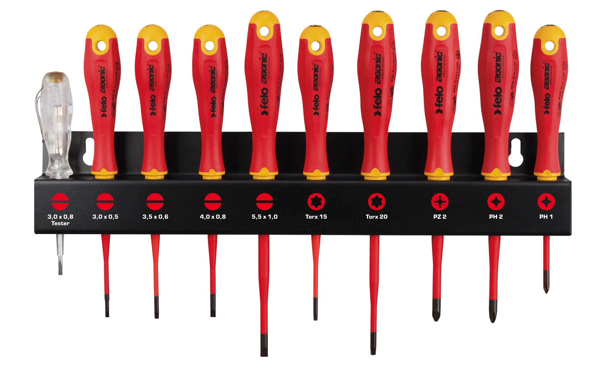Felo Screwdriver Set XL E-Slim VDE with Tool Holder 10-Piece SL, PH, PZ, Tx