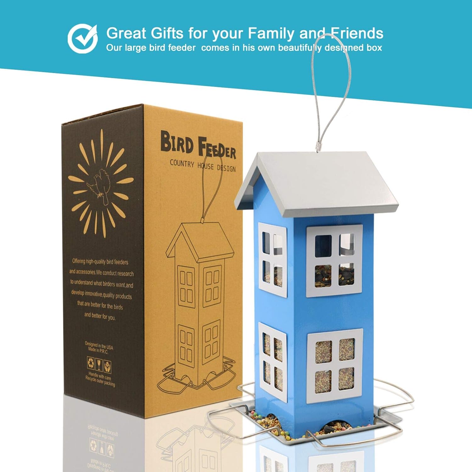 LIMEIDE Bird House Feeders for Outside, Hanging Bird feeders Weatherproof Country House Design for Easy Cleaning & Refills, Come with Hook to Hang on Tree, Poles in Backyard Garden, Patio (Blue) : Garden & Outdoor