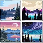 4 Pack Paint by Numbers Kits for Adults with Frame 8x8 Inch | Landscape Paint by Number for Beginners Kids, Moon Mountain Lake Easy DIY Acrylic Oil Painting by Numbers on Canvas