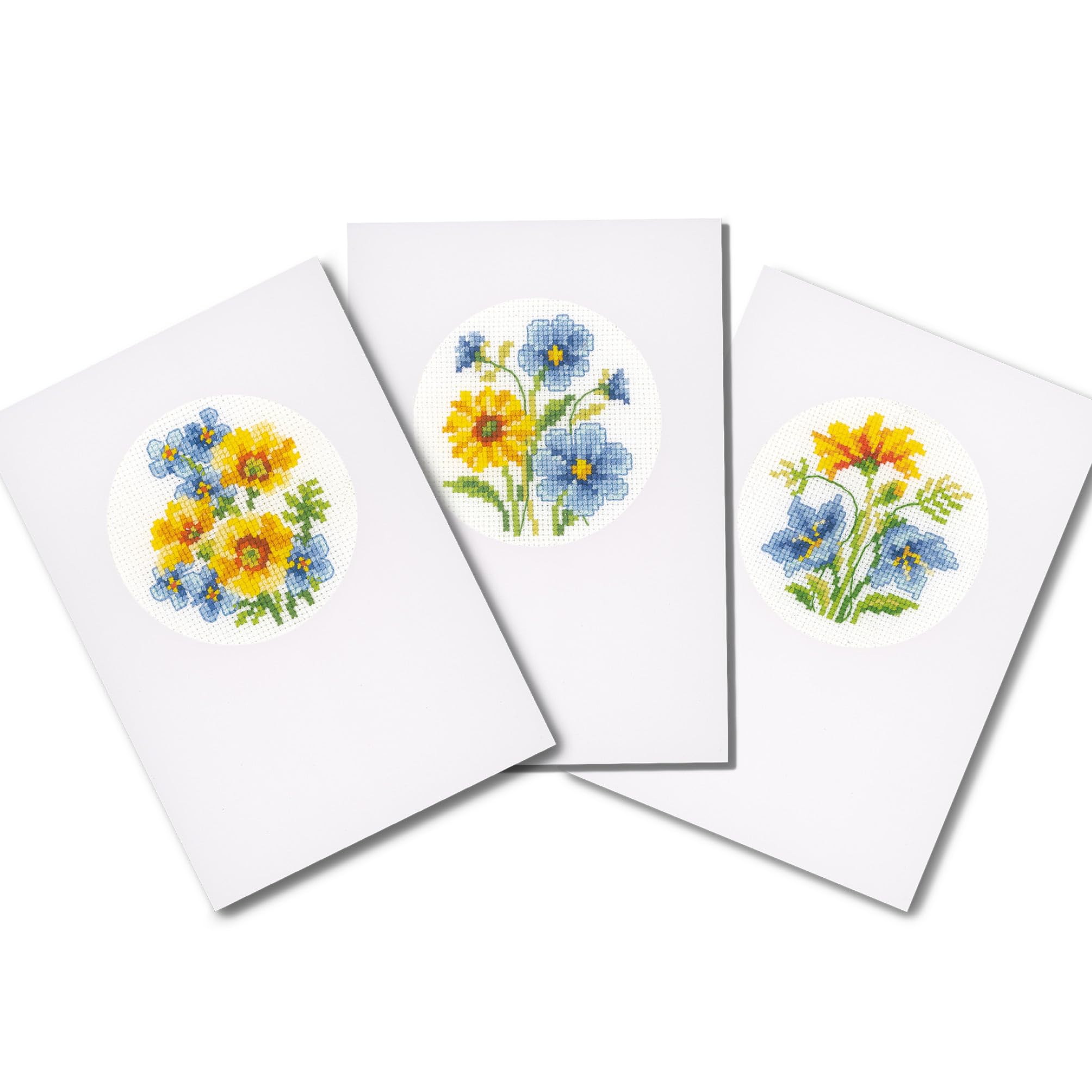 Vervaco Greeting Cards Set of 3, Assorted Flowers Counted Cross Stitch Kit 10.5 x 15 x 1 cm, Cotton, multicoloured, 3 Units