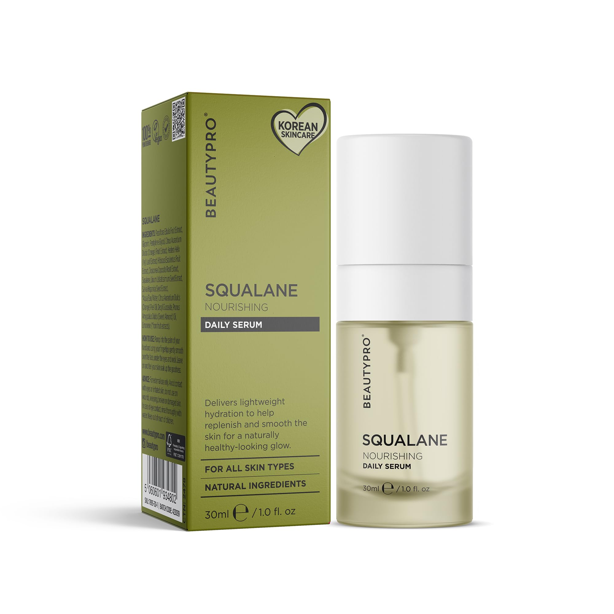 BEAUTYPRO SQUALANE Serum Daily Face Cream Hydrating Smoothing Energising Natural Vegan Skincare 100% Plant Based Olive Passionfruit Organic Sweet Orange Oil & Almond Oil Multi Award Winning Brand 30ml
