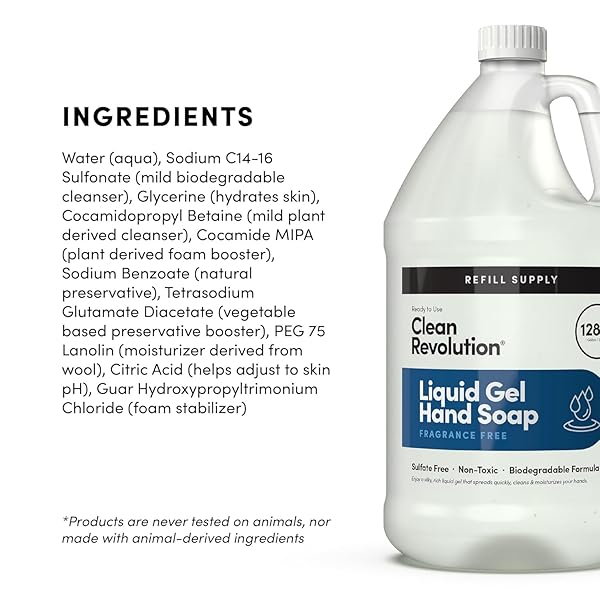 CLEAN REVOLUTION LIQUID GEL HAND SOAP, SILKY RICH LIQUID, QUICK LATHER, FAST RINSING, (FRAGRANCE FREE) 128 FL OZ