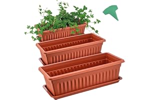 GROWNEER 3 Packs 15 Inches Terracotta Color Flower Window Box Plastic Vegetable Planters Long Pots with 15 Pcs Plant Labels for Outdoor Indoor Windowsill, Patio, Garden, Home Decor, Porch