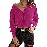 Febriajuce Women's Long Sleeve V-Neck Button Down Rib Knit Cropped Cardigan Sweater