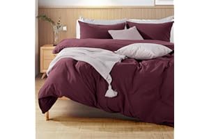 NEXHOME PRO Duvet Cover Set King Size Linen Look Textured 100% Washed Cotton Duvet Cover Burgundy Dark Red 3 Pieces Set with 